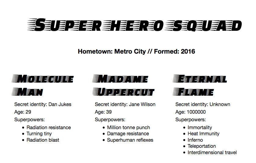 Bild eines Dokuments mit dem Titel "Super hero squad" (in einer ausgefallenen Schriftart) und dem Untertitel "Hometown: Metro City // Formed: 2016". Drei Spalten unter der Überschrift tragen die Titel "Molecule Man", "Madame Uppercut" und "Eternal Flame". Jede Spalte listet den Namen des Geheimidentitätshelden, das Alter und die Superkräfte auf.